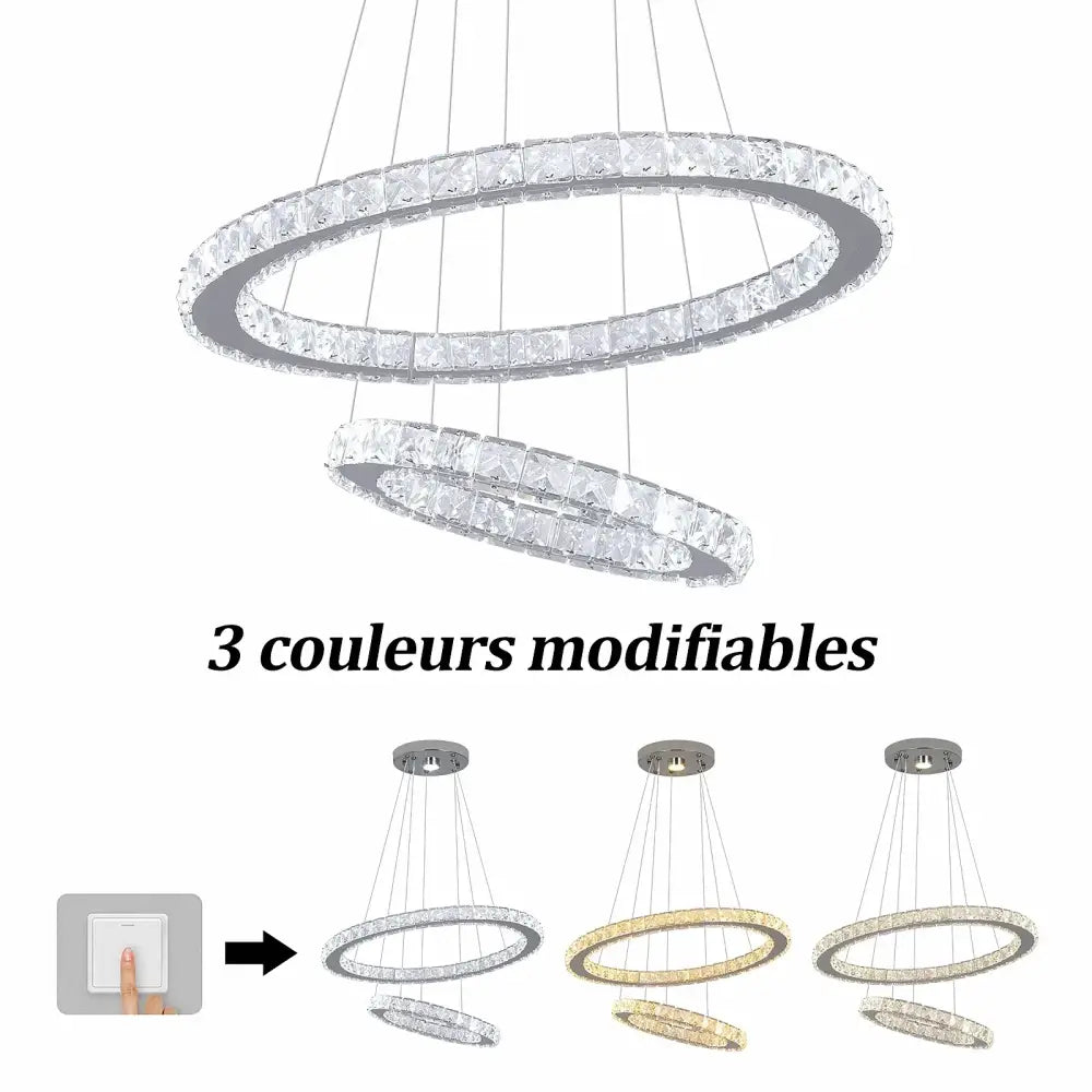 Modern decorbites crystal chandelier with crystal-encrusted double rings and silver frame in three color modes for living room