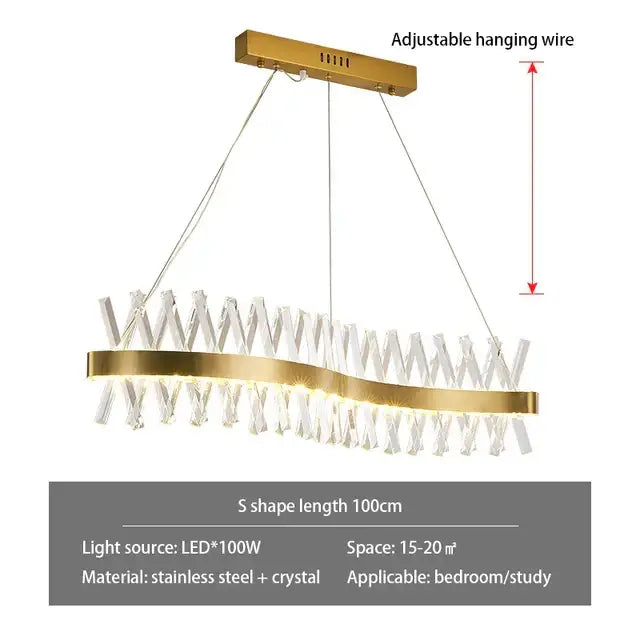 Gold-toned decorbites crystal chandelier with s-shaped stainless steel frame and clear crystal accents for luxury lighting