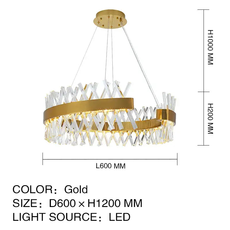 Gold-finished decorbites crystal chandelier with clear crystal rods in x-pattern and LED lighting for luxury spaces