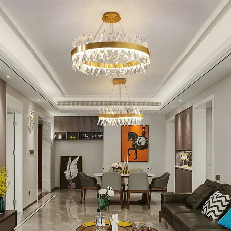 Gold-toned decorbites crystal chandelier with cascading crystals luxury led pendant lighting for hotel lobby living room