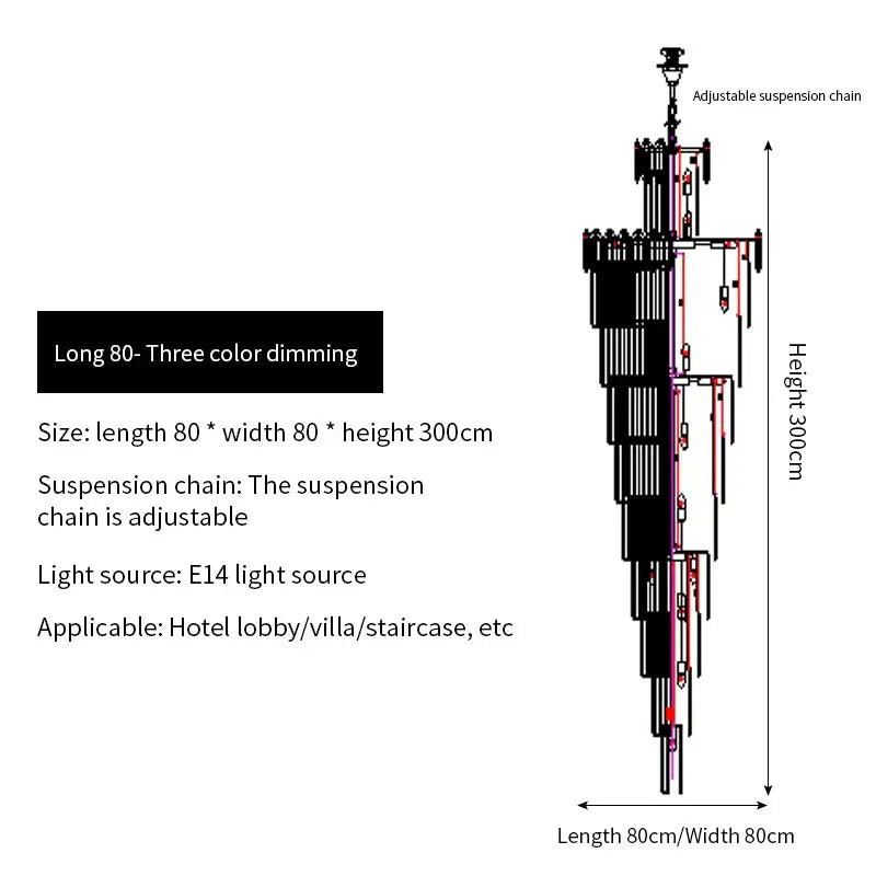Adjustable suspension chain for decorbites crystal chandelier three-color dimming pendant light fixture