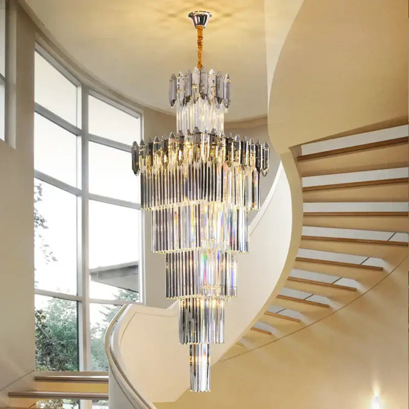 A decorbites crystal chandelier featuring multi-tiered clear and smoky glass rods with a gold-toned chain for luxury lighting