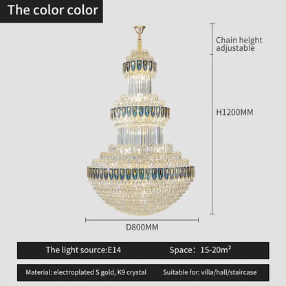 Decorbites crystal chandelier with gold electroplated frame and blue-tinted k9 crystals for luxury villa and hotel lighting