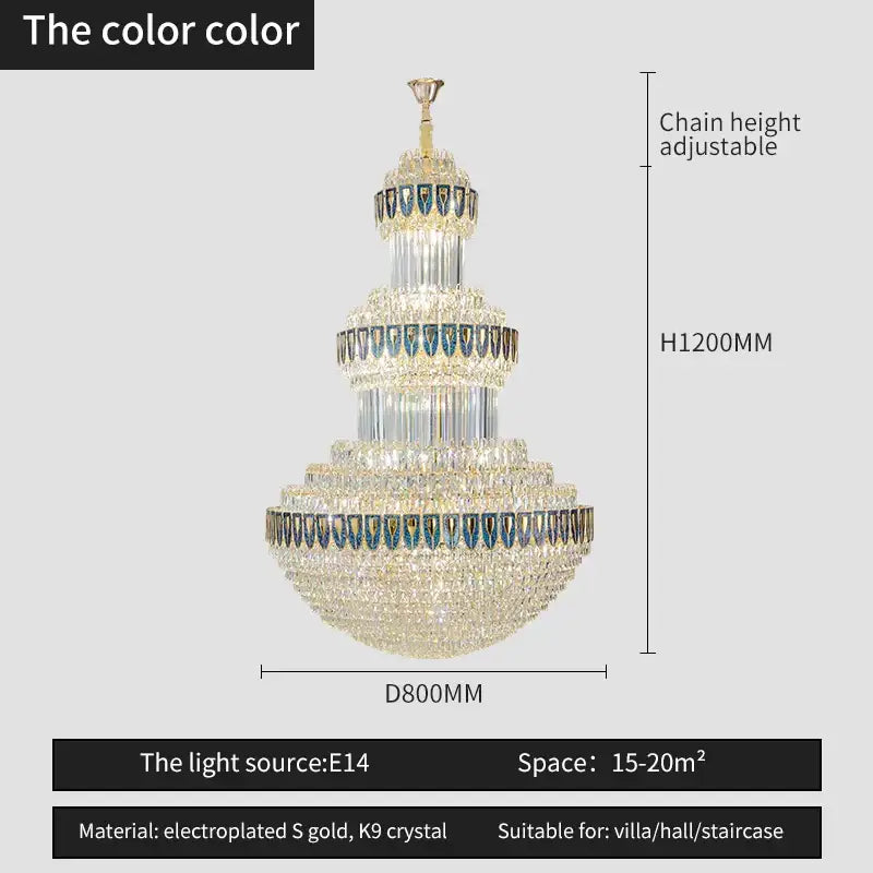 Decorbites crystal chandelier with gold electroplated frame and blue-tinted k9 crystals for luxury villa and hotel lighting