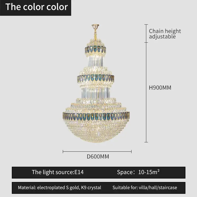 A multi-tiered decorbites crystal chandelier with gold electroplated frame and cascading k9 crystal for luxury lighting
