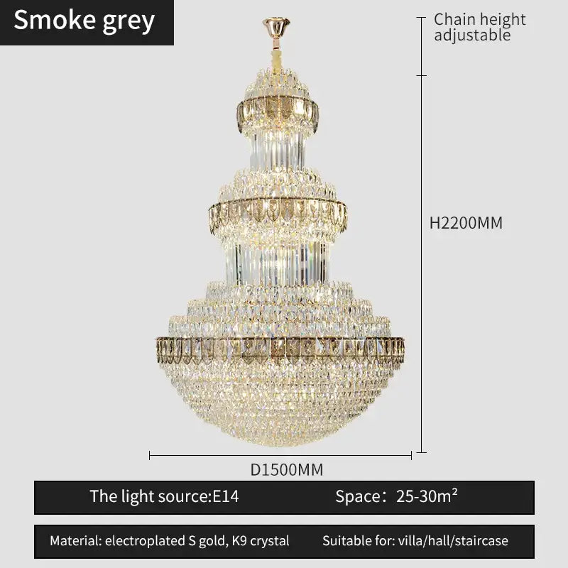 A decorbites crystal chandelier with multi-tiered smoke grey k9 crystals and electroplated gold accents for luxury lighting