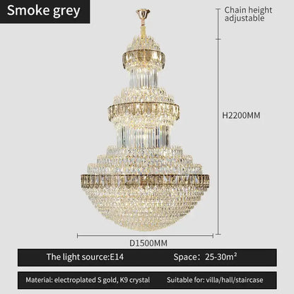 A decorbites crystal chandelier with multi-tiered smoke grey k9 crystals and electroplated gold accents for luxury lighting