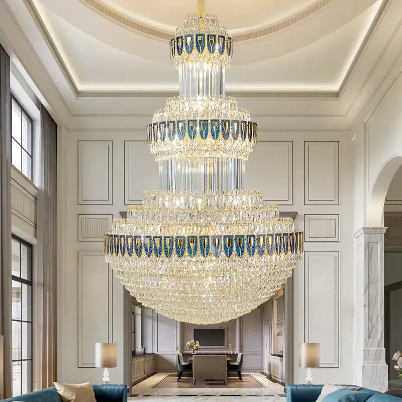 DecorBites crystal chandelier with cascading clear and blue glass elements for luxury villa hotel and office lighting