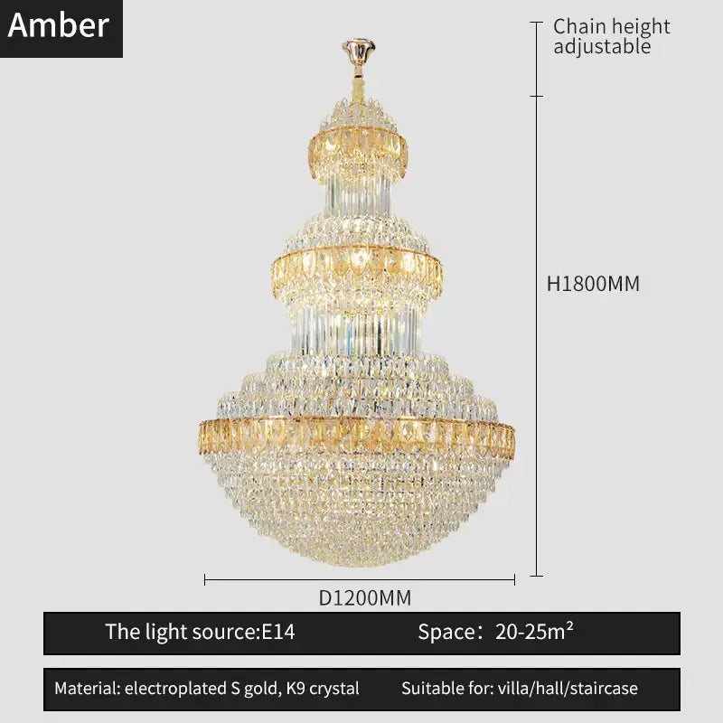 Amber multi-tiered decorbites crystal chandelier featuring clear and amber k9 crystals on gold electroplated frame for luxury lighting