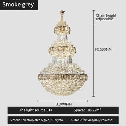 Decorbites crystal chandelier with multi-tiered smoke grey k9 crystals and gold electroplated accents for luxury lighting