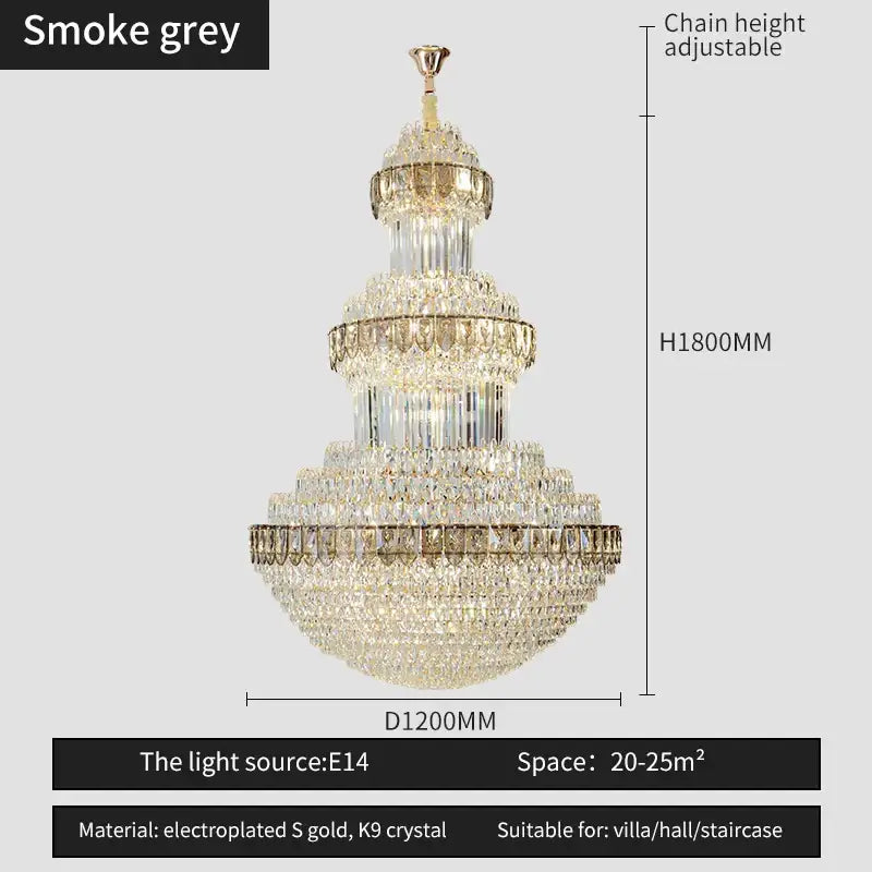 Smoke grey decorbites crystal chandelier with electroplated gold and k9 crystal for luxury lighting in villas and hotels