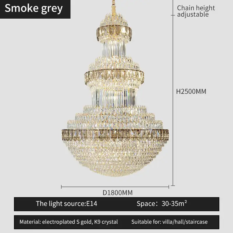 A multi-tiered smoke grey decorbites crystal chandelier with electroplated gold and k9 crystal luxury lighting for villas hotels offices and exhibitions