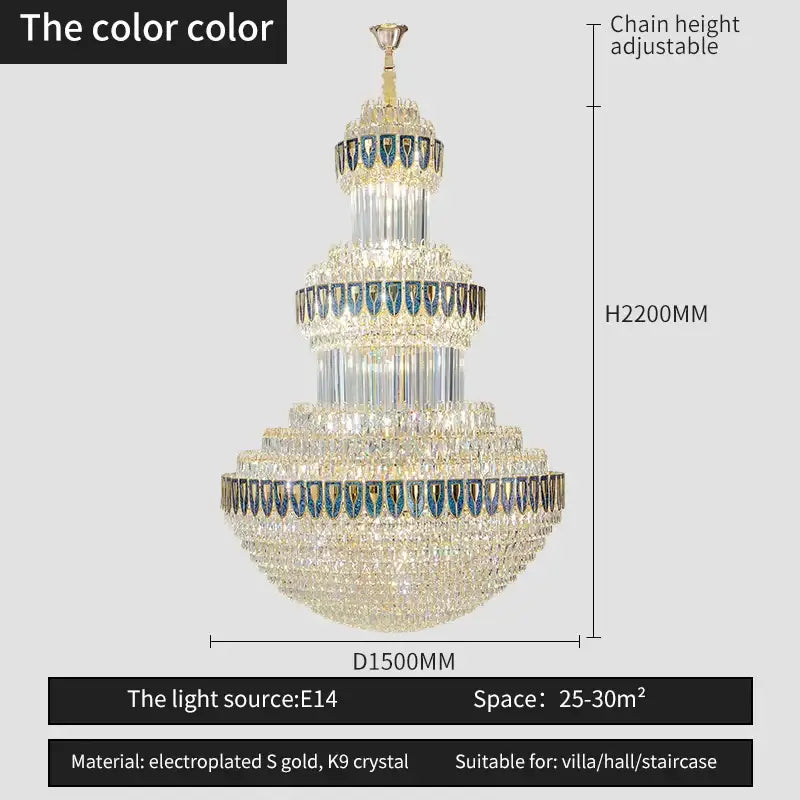 A decorbites crystal chandelier with a gold electroplated frame and blue-tinted k9 crystals for luxury lighting
