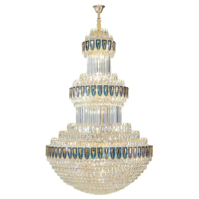 DecorBites crystal chandelier with multi-tiered gold frame and cascading clear blue glass for luxury lighting in villas and hotels