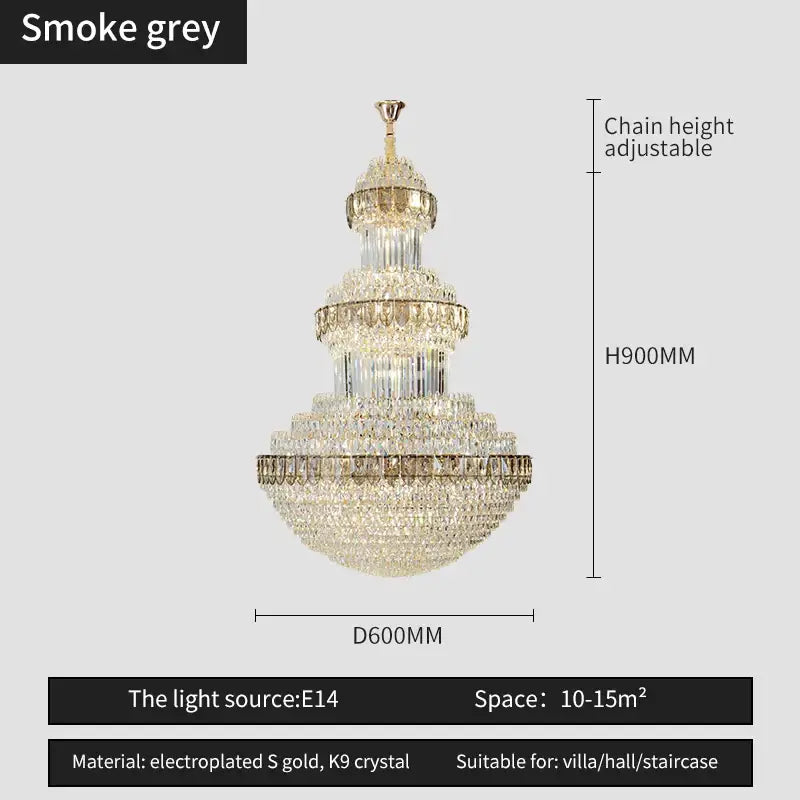 Smoke grey tiered decorbites crystal chandelier with electroplated gold and k9 crystal for luxury lighting in villas hotels and offices