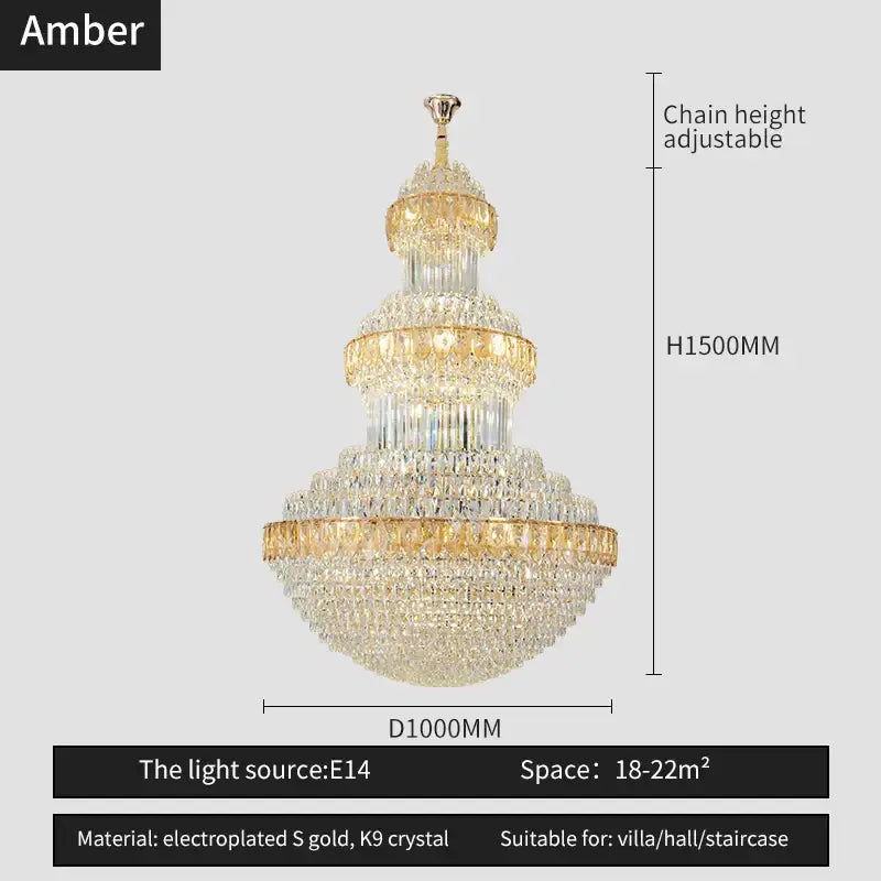 DecorBites crystal chandelier with amber and clear electroplated gold crystals luxury lighting for villa and hotel