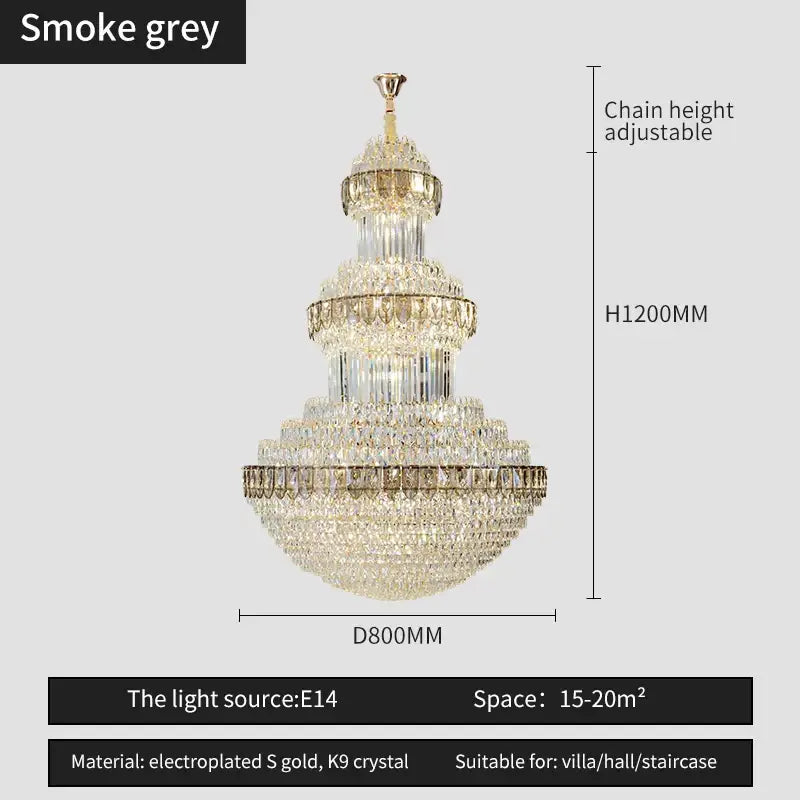 A multi-tiered smoke grey decorbites crystal chandelier with electroplated gold accents and k9 crystals for luxury lighting