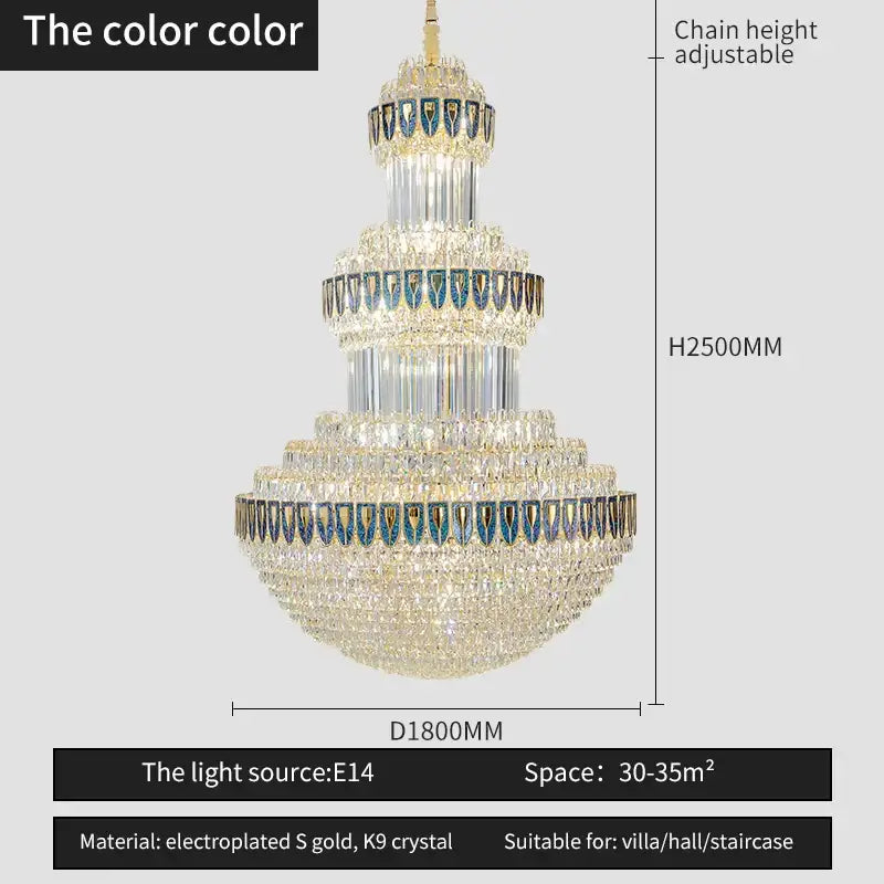A decorbites crystal chandelier with gold electroplated frame and k9 crystal tiers featuring blue accents for luxury lighting