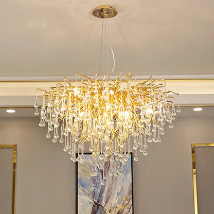 Golden branch-style decorbites crystal chandelier with dangling crystal droplets for luxury living decor lighting fixture