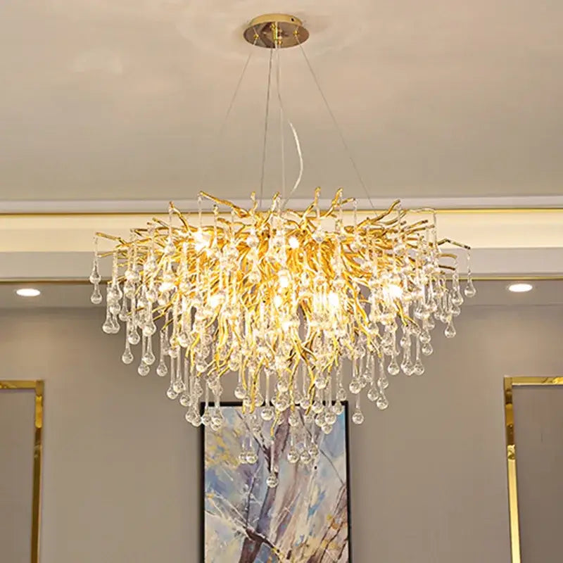 Golden branch-style decorbites crystal chandelier with dangling crystal droplets for luxury living decor lighting fixture