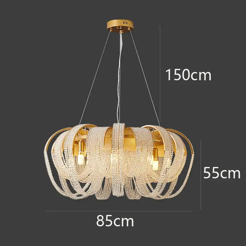 Gold-toned decorbites crystal chandelier with cascading clear crystal beads and circular metal frames for luxury living rooms