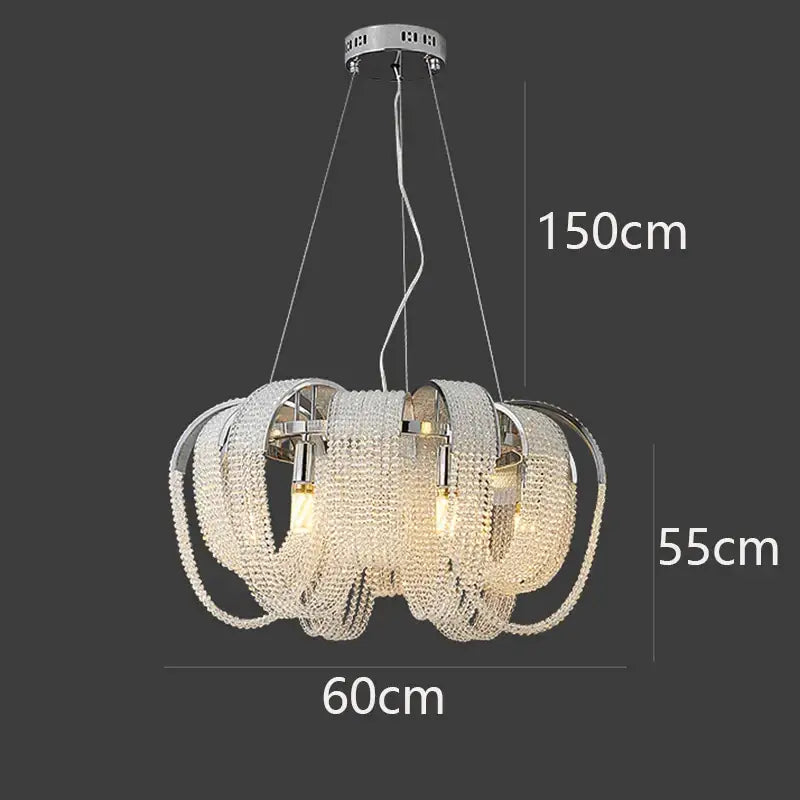 A modern multi-tiered chrome decorbites crystal chandelier with cascading crystal beads for living room and bedroom use
