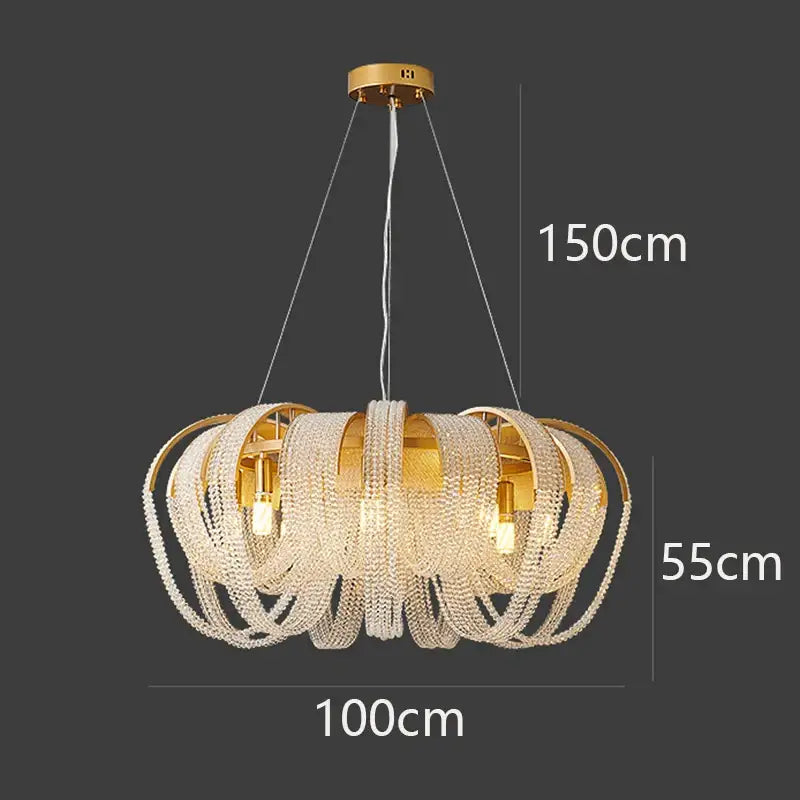 Decorbites crystal chandelier gold-toned with cascading crystal strands and exposed bulbs for luxury living rooms and bedrooms