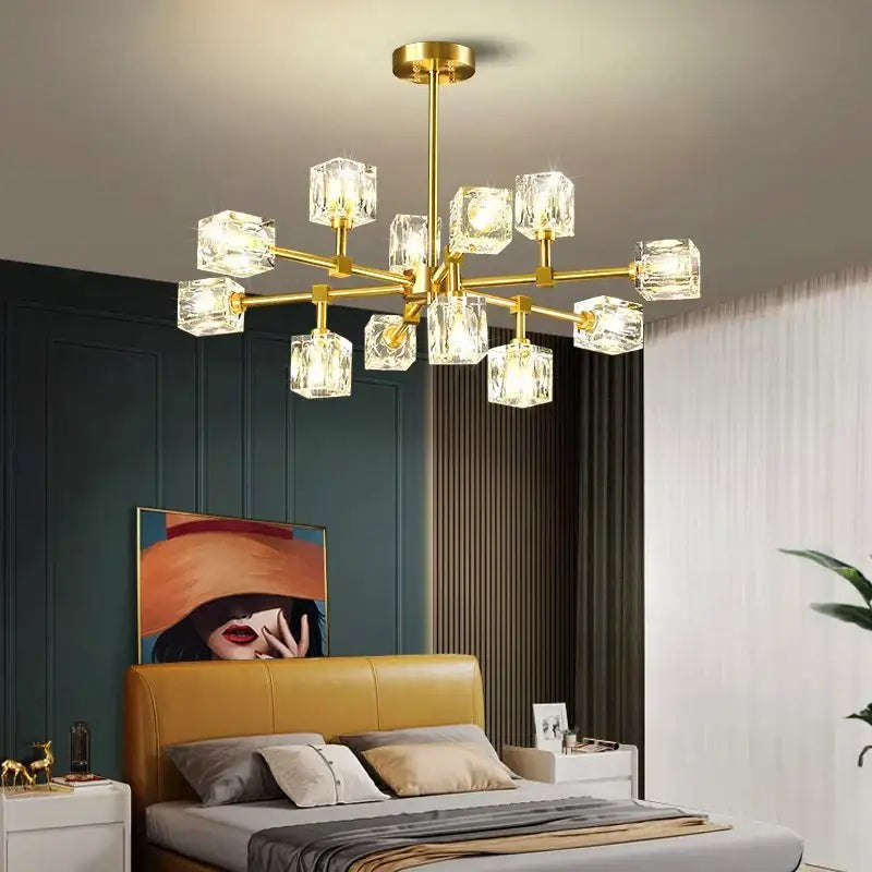 Gold-toned decorbites crystal chandelier with clear cube-shaped crystal lights for luxury living room and bedroom pendant light
