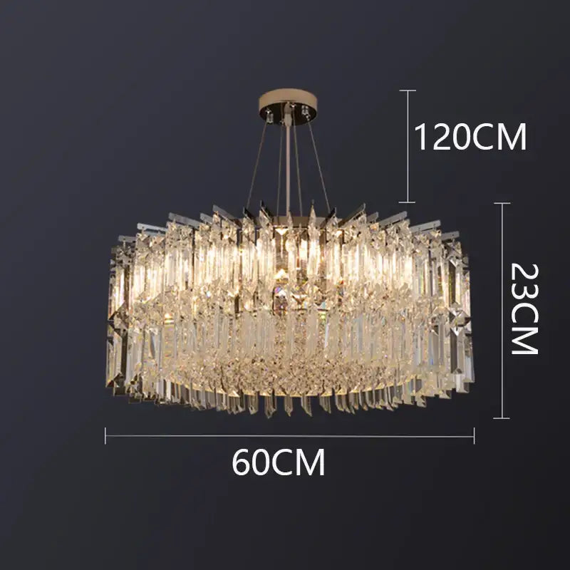 A modern multi-tiered decorbites crystal chandelier with gold-toned metal frame and hanging chains for luxury living spaces