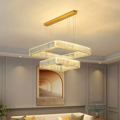 Modern double-tiered decorbites crystal chandelier with gold rectangular frame and cascading clear crystal rods for luxury living spaces
