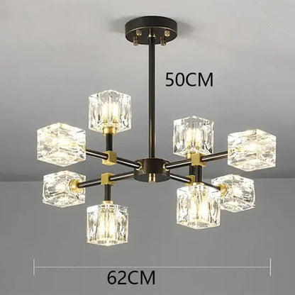 DecorBites crystal chandelier with black and brass finish and eight clear crystal cube shades in an octagonal pattern