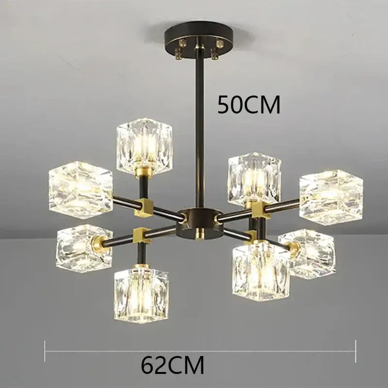 DecorBites crystal chandelier with black and brass finish and eight clear crystal cube shades in an octagonal pattern