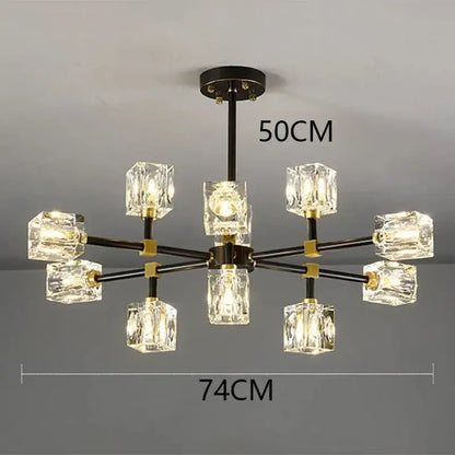 Modern chandelier with eight faceted crystal cubes on black metal frame with gold joints decorbites crystal chandelier