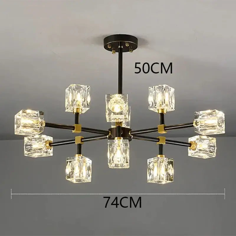 Modern chandelier with eight faceted crystal cubes on black metal frame with gold joints decorbites crystal chandelier