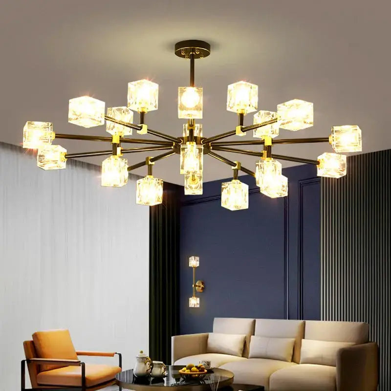Modern decorbites crystal chandelier with black metal frame and clear cube glass shades for luxury living room and bedroom