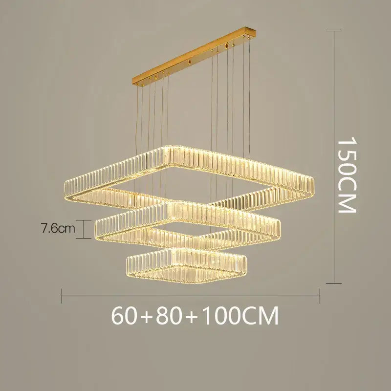 Gold-toned decorbites crystal chandelier with three nested rectangular crystal rod tiers for luxury living room lighting