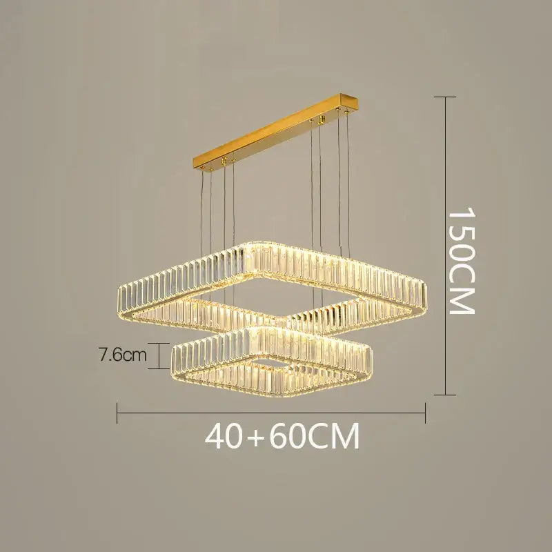 Gold-toned decorbites crystal chandelier with two interlocking rectangular tiers of clear crystal rods for living rooms and bedrooms