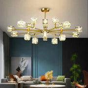 Gold-toned decorbites crystal chandelier with clear cube-shaped crystal lights for luxury living room and bedroom pendant light