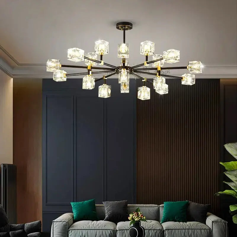Modern decorbites crystal chandelier with clear crystal cube shades and dark bronze metal frame for living room or bedroom
