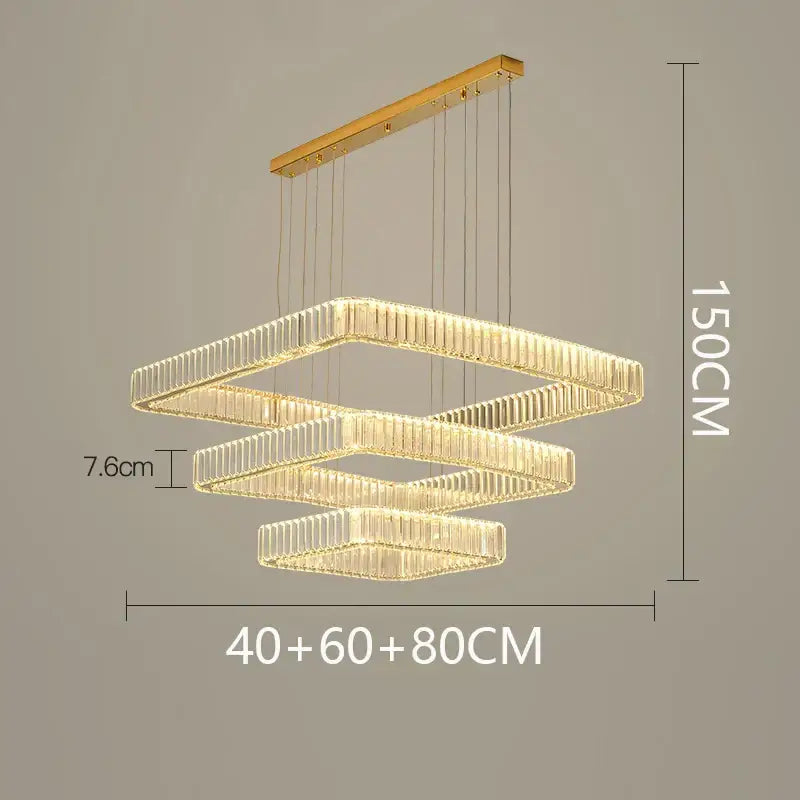 Modern gold-toned decorbites crystal chandelier with three nested rectangular tiers for luxury living room and bedroom lighting