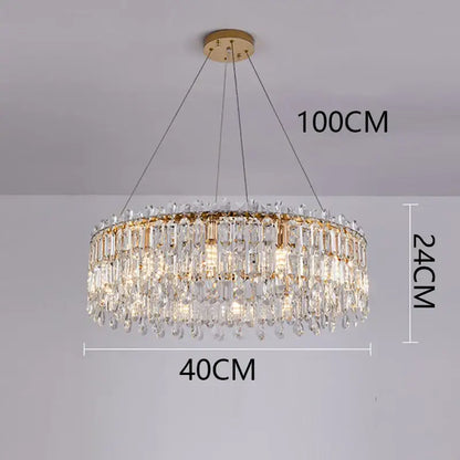 A luxurious gold-toned DecorBites crystal chandelier with faceted crystals and teardrop pendants for elegant living spaces