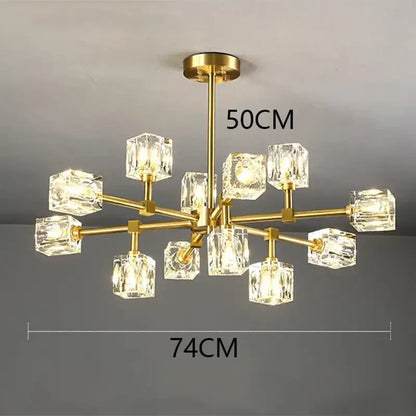 Gold-toned DecorBites crystal chandelier with clear faceted crystal cubes for luxury living room and bedroom lighting