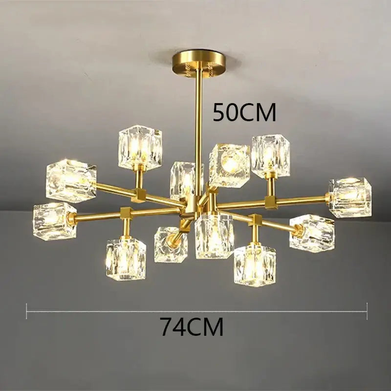Gold-toned DecorBites crystal chandelier with clear faceted crystal cubes for luxury living room and bedroom lighting