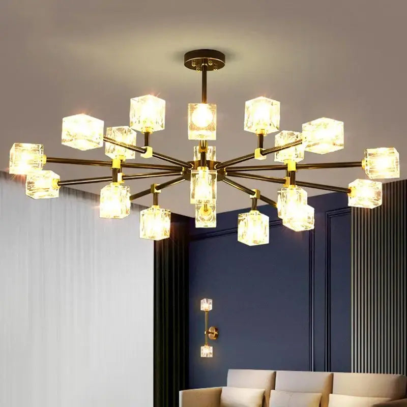 Modern chandelier with brass finish and clear crystal cube shades from decorbites crystal chandelier collection