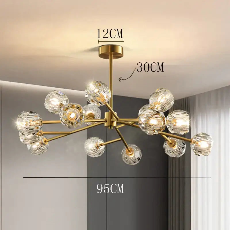 Gold-toned decorbites crystal chandelier with multiple crystal globe bulbs for luxury living and dining rooms ceiling light