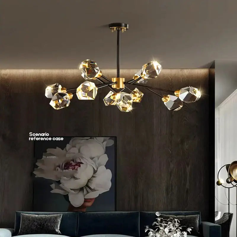 A modern decorbites crystal chandelier with black rod gold accents and faceted crystal bulbs for luxury living room lighting