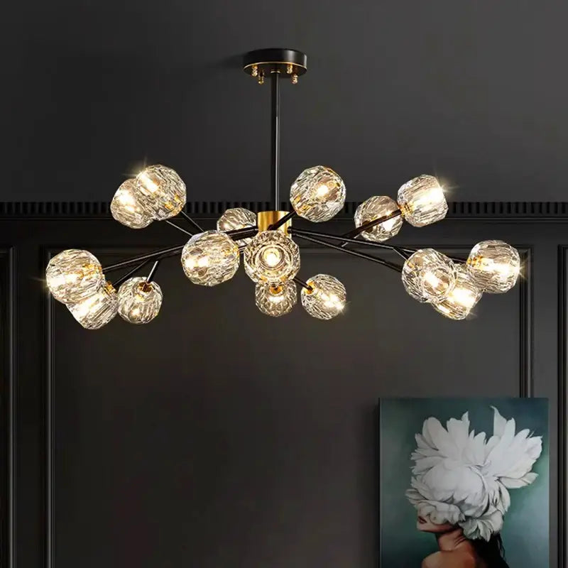 DecorBites crystal chandelier with clear faceted glass globe bulbs on black metal frame for living and dining rooms