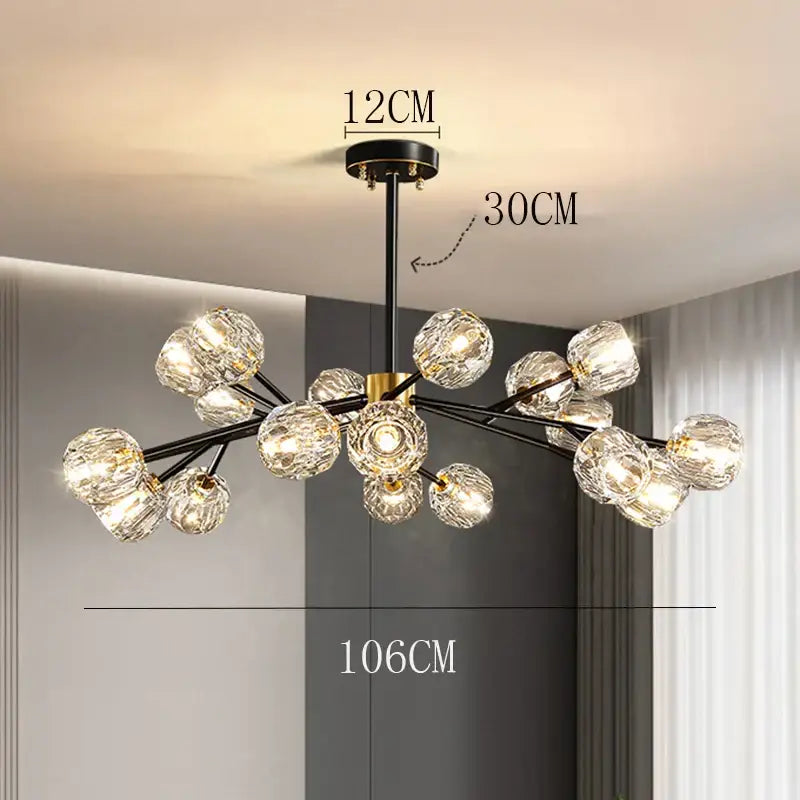 Modern black and gold branch-style decorbites crystal chandelier with faceted globe bulbs for luxury living and dining rooms
