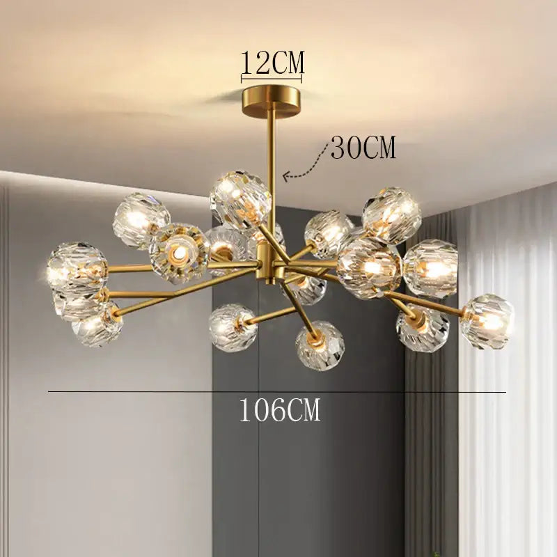 Gold-toned decorbites crystal chandelier with multiple crystal globe shades for luxury living and dining rooms ceiling light
