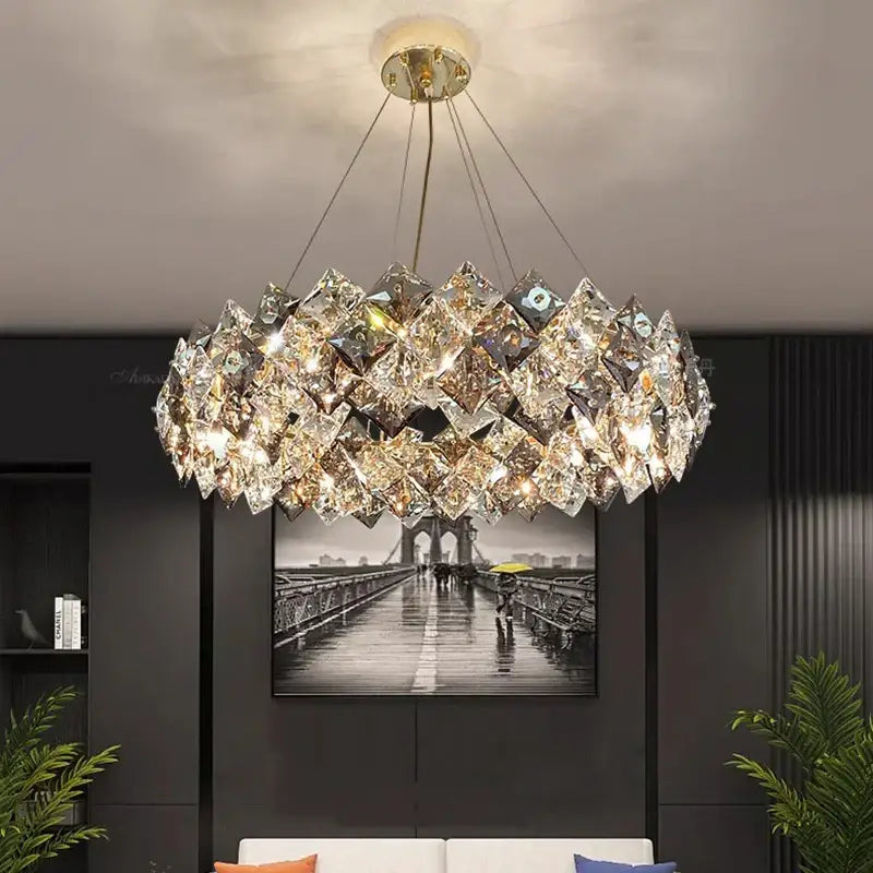 A modern circular decorbites crystal chandelier with faceted crystal layers for luxury living room lighting
